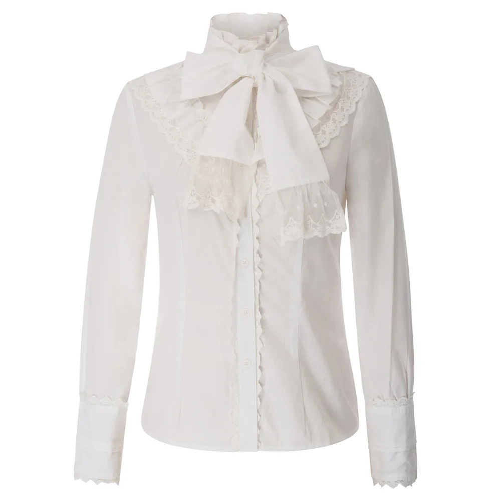 

BP Retro Vintage shirts women autumn winter solid color Victorian Gothic Lolita Long Sleeve Stand Collar bowknit Shirt lace Tops
