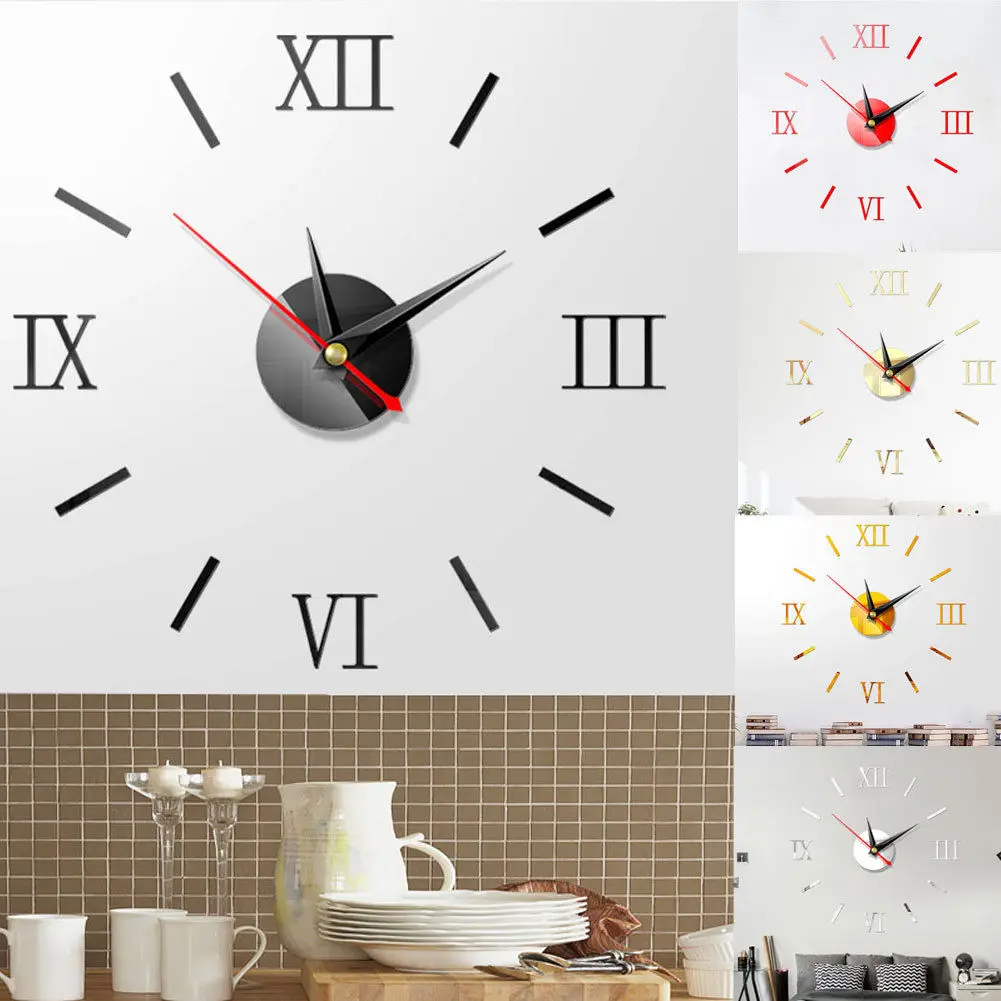 US DIY 3D Mirror Surface Large Number Wall Clock Sticker Modern Home Decor HOT