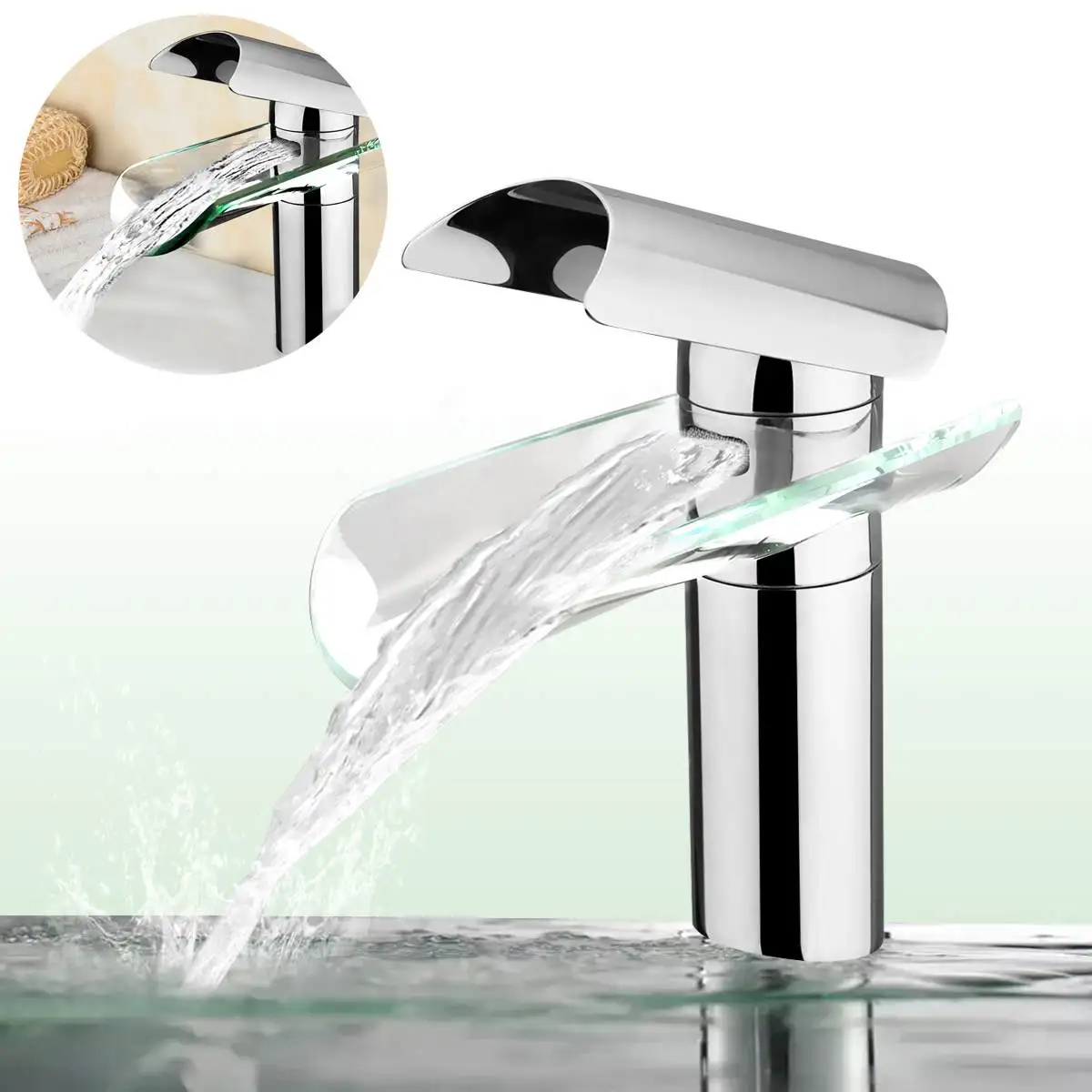 Bathroom Faucet Modern Glass Single Handle Basin Sink Mixer Tap Chrome Waterfall