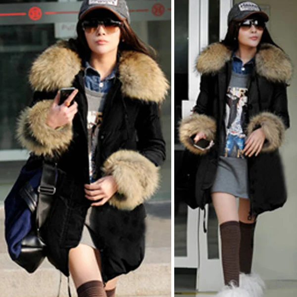 Best Women Casual Winter Thicken Warm Parkas Raccoon Fur Collar Parka Coat Hoodie Long Jacket Solid Color Long Sleeve Loose Outerwear