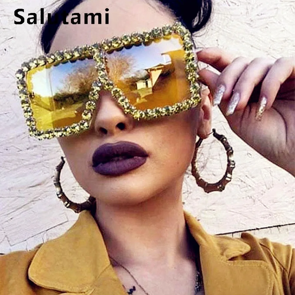 Женские солнцезащитные очки ручной работы, полностью кристаллическая оправа, роскошные брендовые Квадратные Солнцезащитные очки, женские, большие, желтые, прозрачные, большие тени, шикарные, сексуальные