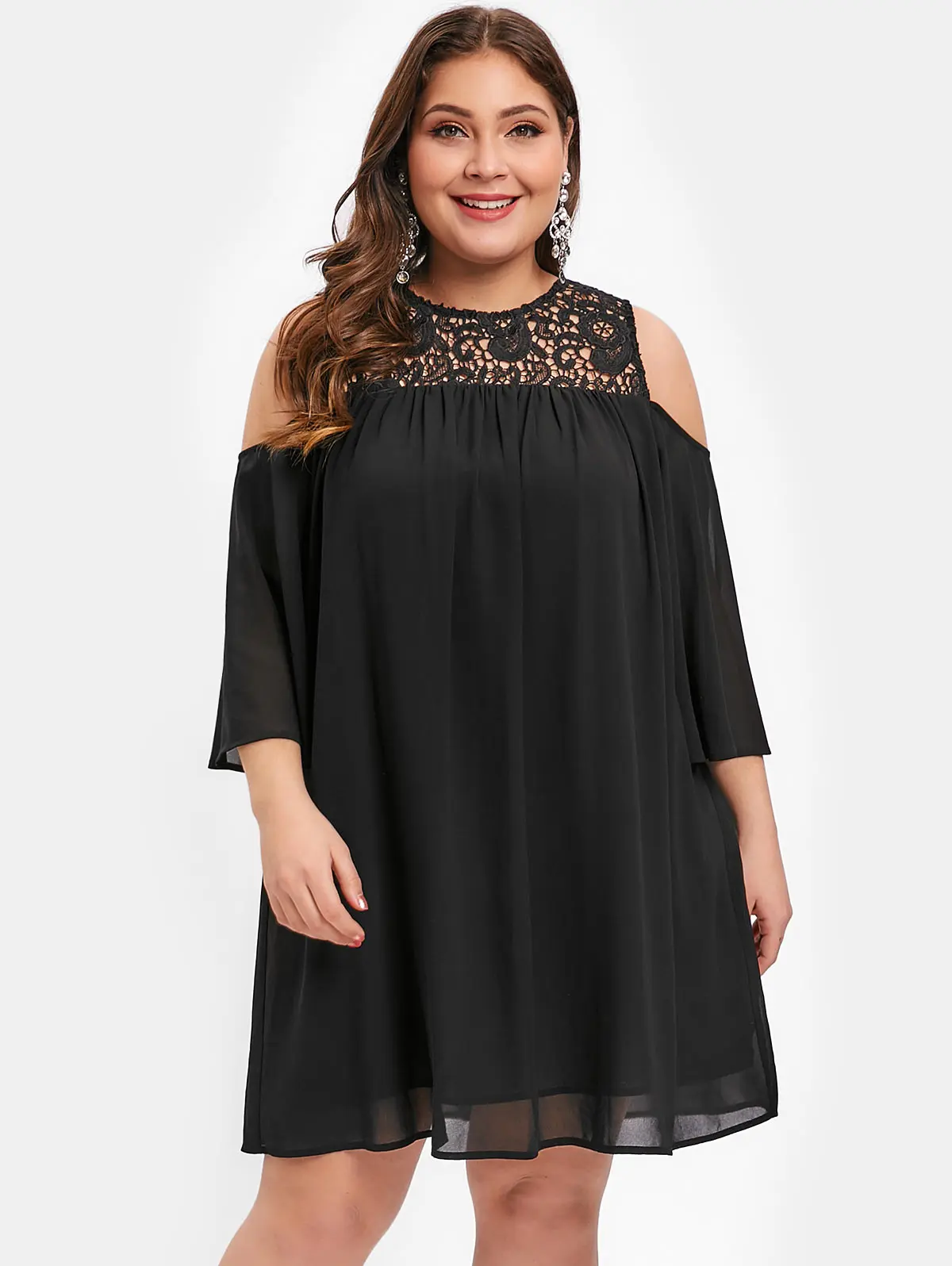 

Wipalo Women Plus Size Lace Insert Cold Shoulder Half Flare Sleeve Dress Solid Casual Straight Chiffon Mini Dress 5XL Vestidos