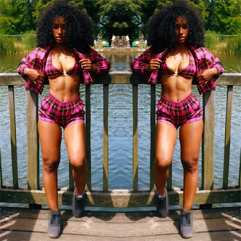 

Women Plaid Print 3 Three Piece Set Sweatsuits Crop Top And Skinny Shorts And Jacket Tracksuit Spring Casual Suits