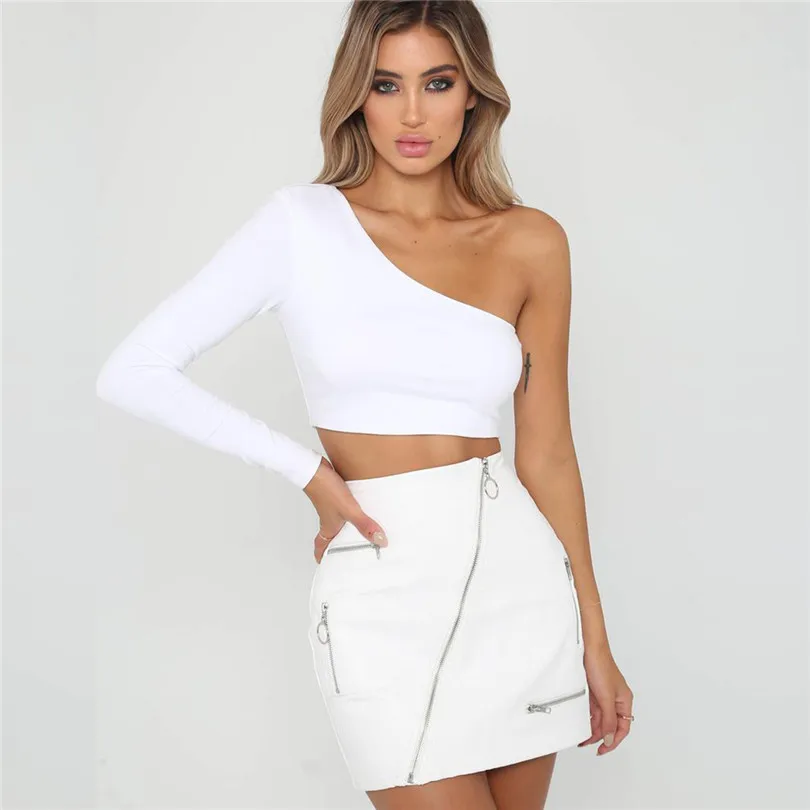 

Women Sexy Casual Halter Female Single Sleeve Off Shoulder Solid Color Slim Fit Lady Streetwear Tops Tee