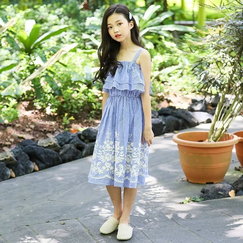 

Summer 2019 Blue Striped Lace Floral Princess Dresses For Kids Girls Sleeveless Cotton Mid Calf Dress Children Sundress Clothing