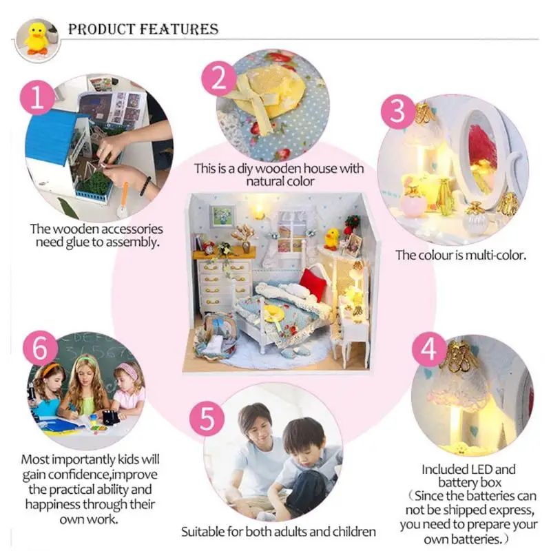 DIY Assemble Wooden Dollhouse Kit Toys Dollhouse Furniture Miniature Doll House with Dust Cover Handicraft for Chrismas Gift