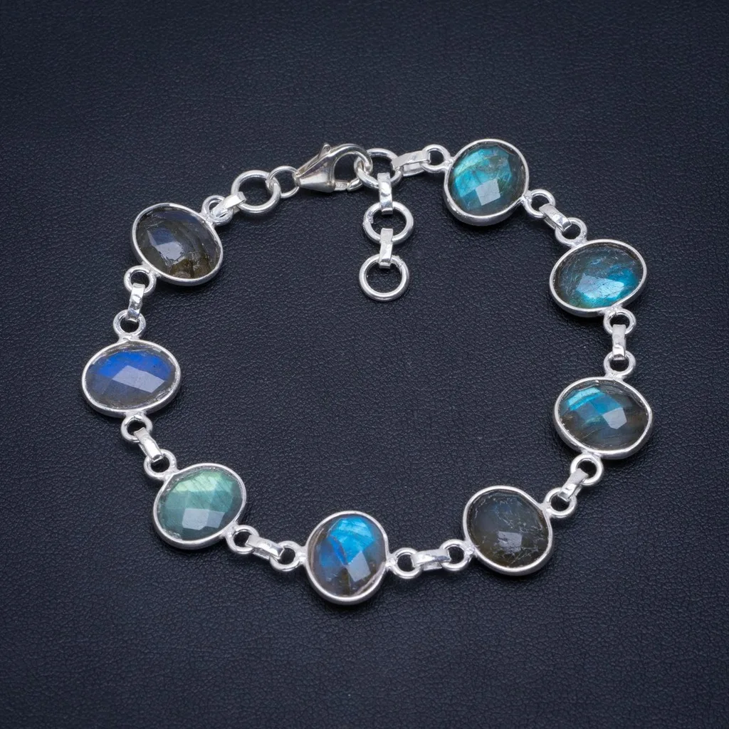 

Natural Blue Fire Labradorite Handmade Unique 925 Sterling Silver Bracelet 7-7.75" A2857