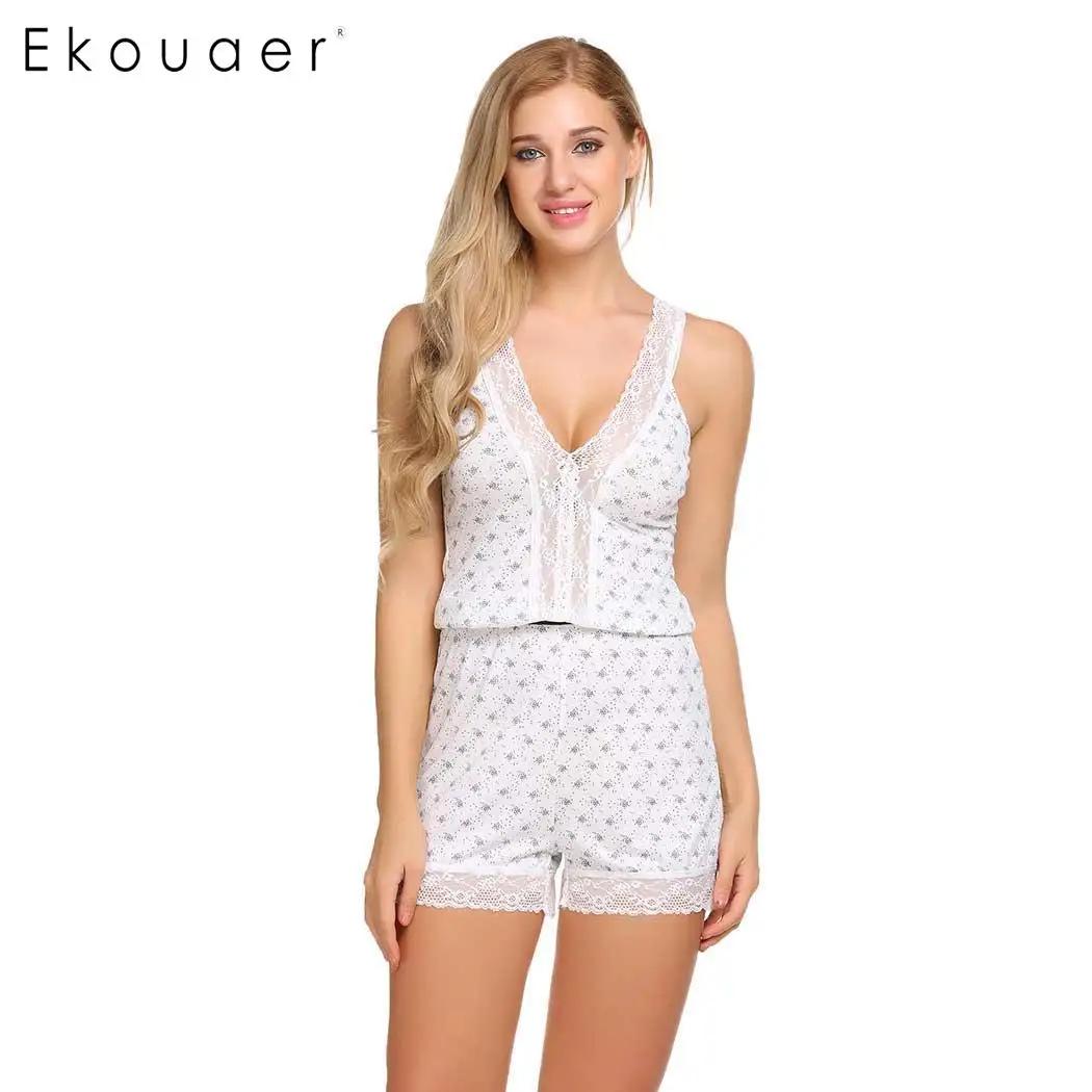 

Ekouaer Sexy Pajamas Set Women Summer Sleepwear Spaghetti Strap Sleeveless Lace Trim Tops And Shorts Home Suits Nighties