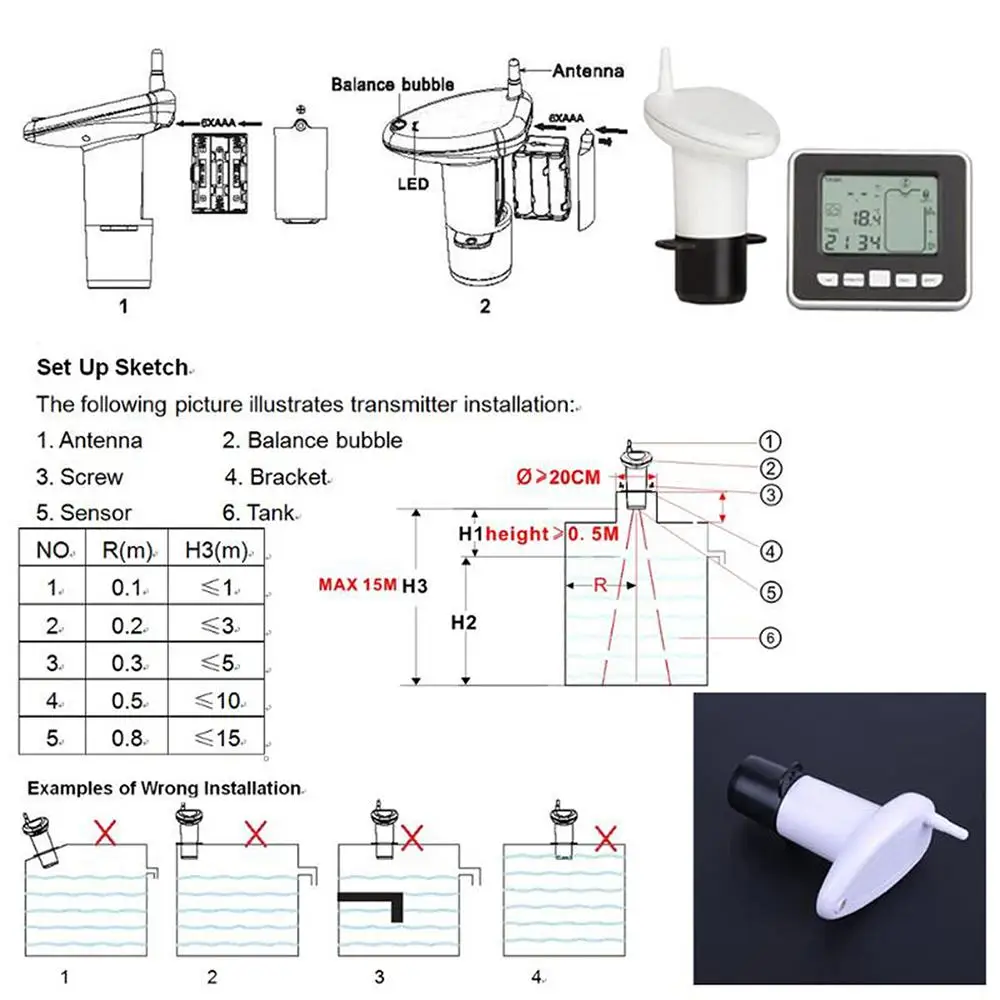 TS-FT002 Ultrasonic Level Flow Meter 0~15M Depth Level Meter And-40~60 Measure Range Level Gauge Thermometer