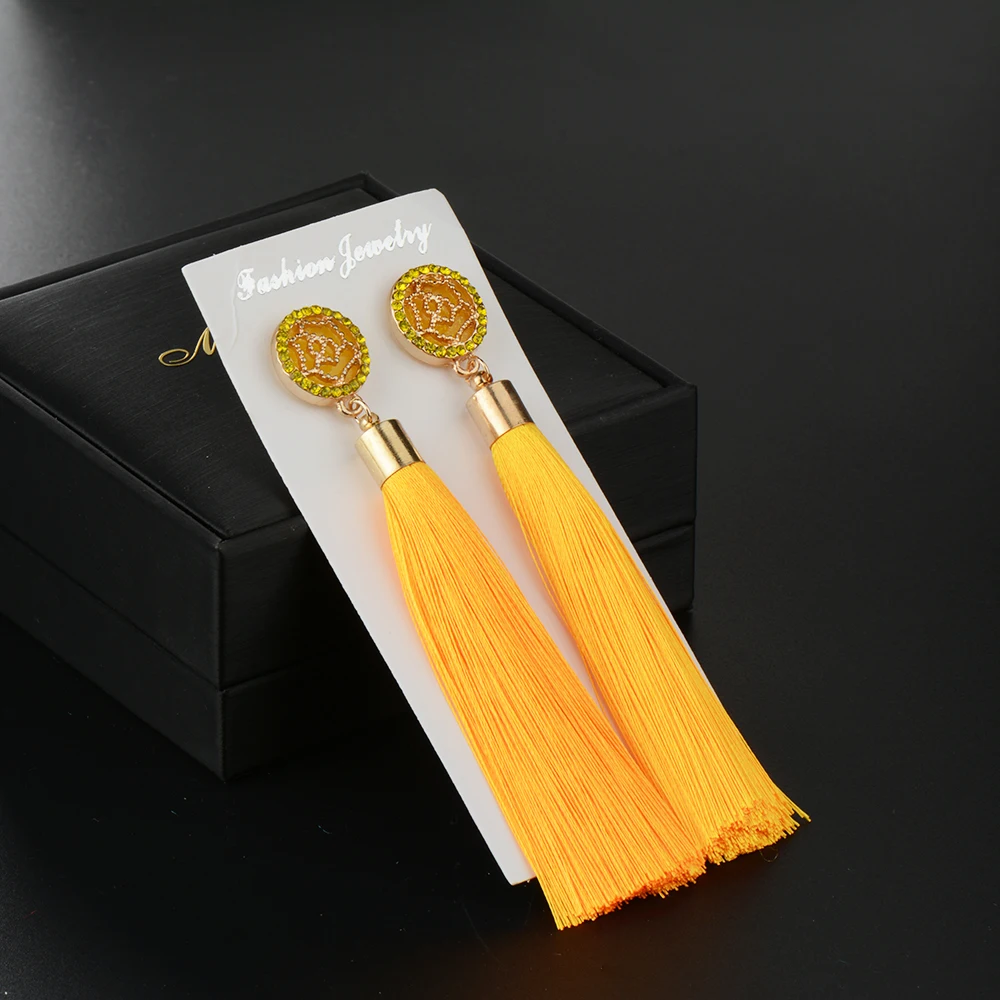 Meyfflin Rose Flower Silk Fabric Tassel Earrings for Women Bohemian Fringed Statement Drop Earring Jewelry Crystal Long brincos