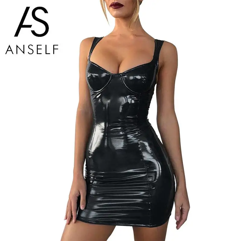 

Anself Sexy Slip Dress Women Bodycon PU Leather Mini Dress Spaghetti Strap Solid Sleeveless High Waist Party Night Club Dress