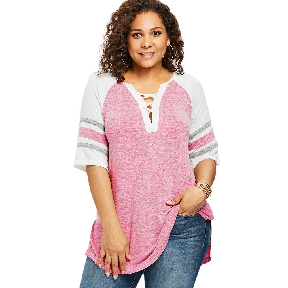 

Wipalo Plus Size Lace Up Side Split Marled T-Shirt Casual V Neck Half Sleeve Contrast Striped Panel T Shirt Women Clothing 5XL