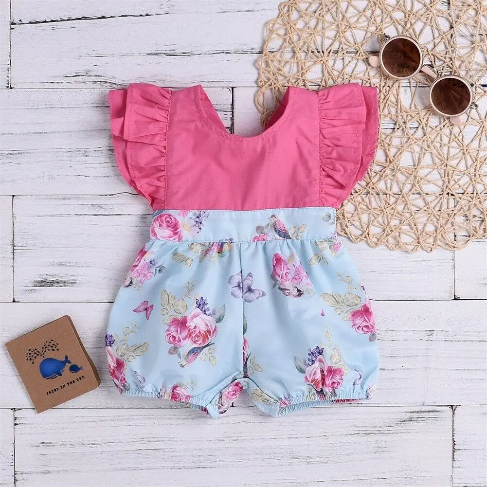 

Cute Newborn Infant Baby Girl Floral Romper Jumpsuit Clothes Summer Baby Girls Flare Sleeve Patchwork Rompers