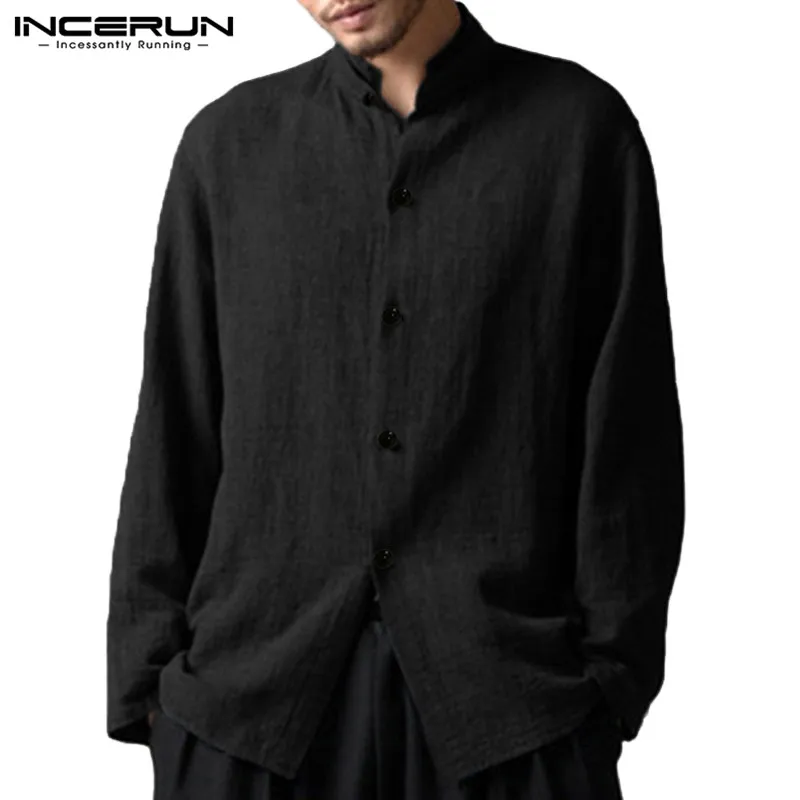 INCERUN الصينية نمط رجل قميص القطن الكتان زر طويلة الأكمام Camisa الغمد فضفاض موقف طوق خمر عارضة الرجال قمصان