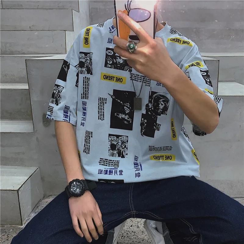 

T-shirt 2019 summer New Hot loose Thin short-sleeved men's printing Korean version trend tops hip hop Cartoon Free shipping
