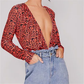 

Leopard Bodysuit for Women Sexy Bodycon Skinny Body Suit Deep V Neck Long Sleeve Playsuit Printed Romper Jumpsuits