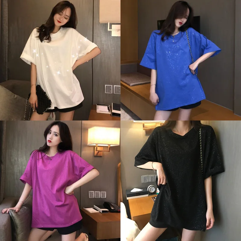 

2019 Summer Women's New Loose Shiny T-Shirt Short Sleeve Casual Korean Long T-Shirt chic Woman Tees fashion wild