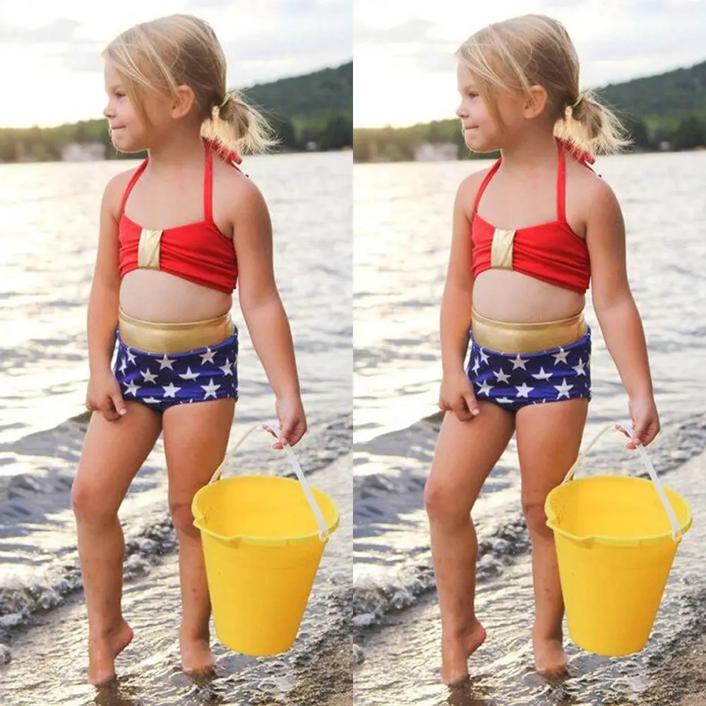

Casual Kids Baby Girls Stars Print Swimming Costume Bowknot Dot Bikini Set Swimsuit Swimwear Girls Halter Bathing Suit
