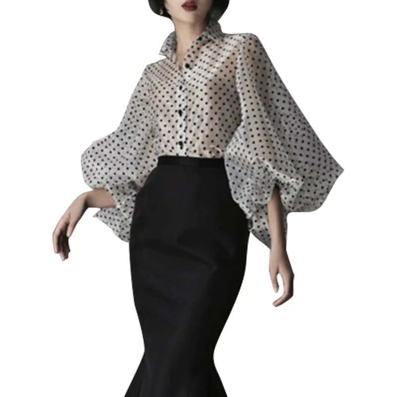 SHENGPALAE 2019 الربيع جديد الأزياء المد عارضة فضفاض حامل فانوس كم زر رقيقة القسم البولكا نقطة النساء السود قميص N787