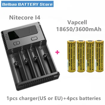 

Vapcell 4pcs INR 18650 3600mAh 35A li-ion rechargeable battery with Nitecore new I4 Digi charger LCD Intelligent for smoke E-CIG