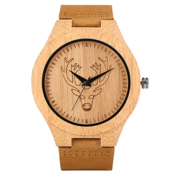 

Men's Watch Engraved Tiger Dial Elk Deer Wood Quartz Watch Light Brown Leather Band Clock Top Brand Luxury reloj Montre Homme