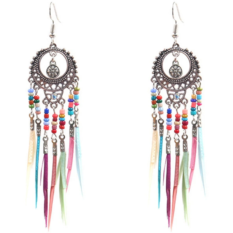 

Long Tassel Fashion Feather Style Ethnic Boho Big Pendant Statement Earrings Wedding Earrings Ancient