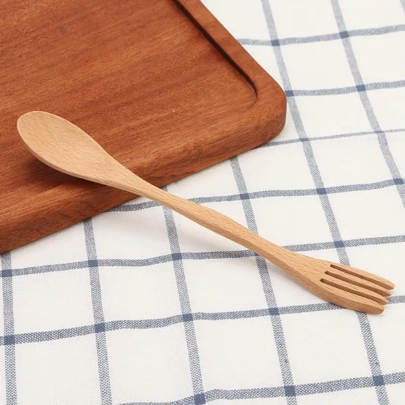 

Solid Wood Spoon Stirring Scoop Coffee Multifunction Double Spoon Tableware Coffee Tea Spoons Salad Fruit Fork