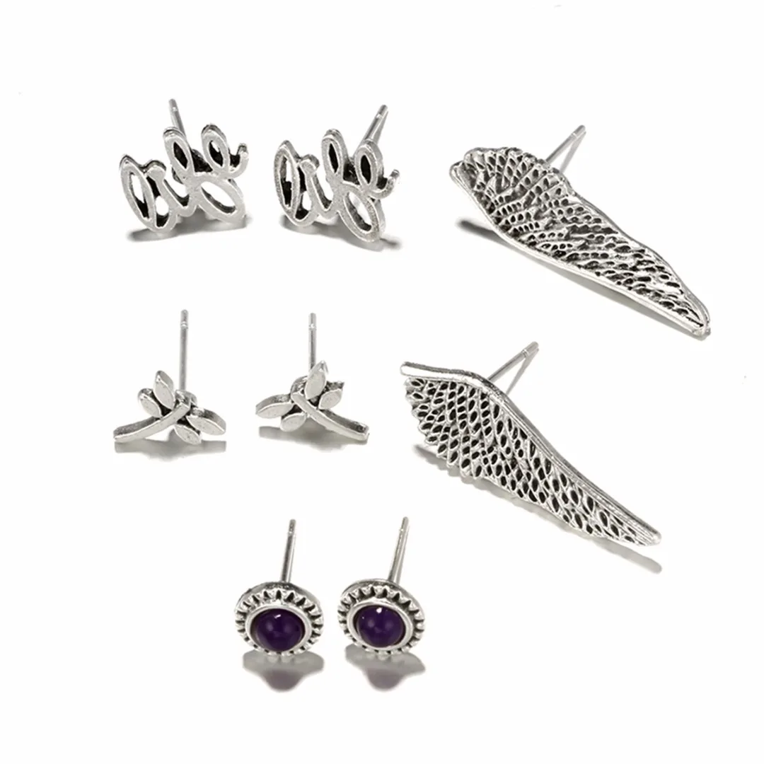 

Retro Women 4 Pairs Angel Wing Earring Stud Simple Silver Leaf Rabbit Animal Earring Shellhard Ethnic Jewelry modische ohrringe