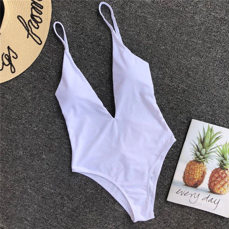 

White One-piece Swimsuit Sexy Deep V neck Monokini Summer Sexy Backless Bikini Set Ladies Beach Bathing Suit Swimwear Beachwear