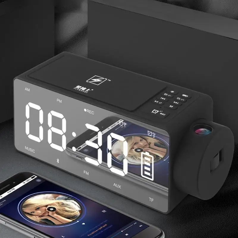 Беспроводная зарядка Bluetooth динамик проекция цифровые часы LED большой экран