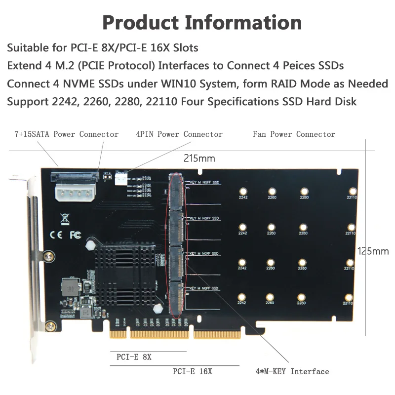 215*125 мм адаптер PCI-E карта LM313 PCI-E 8X/16X до 4P M.2(PCIe протокол) NVME переходная карта для 2242 2260 2280 22110 SSD адаптер