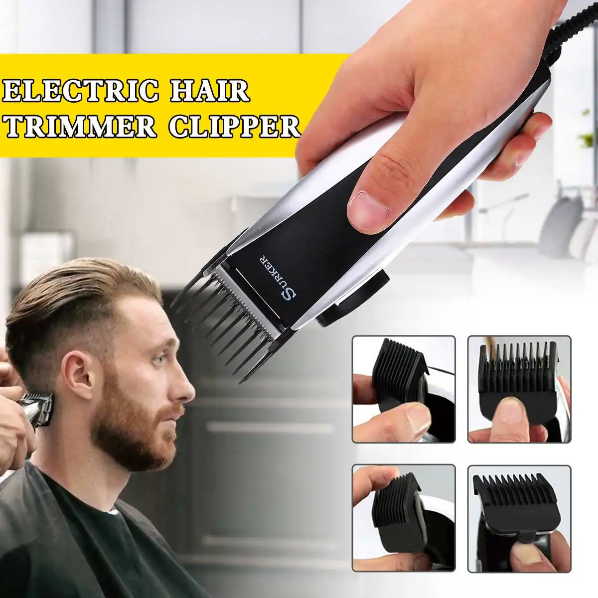

Professional Electric Hair Trimmer Clipper Cutting Machine Men Kids Adult Shaver 220-240V EU Plug 4 limiting combs 19x5.8x5.5cm