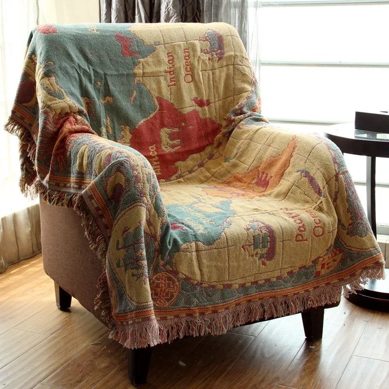Красивое желтое одеяло с картой мира, трикотажное одеяло ручной вязки, теплое одеяло для гостиной, диван-кровать, кресло