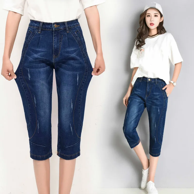 

High Waist Jeans Woman Summer Washed Denim Pants Trousers Plus Size 5XL Capri Jeans For Women Short Harem Pants Female