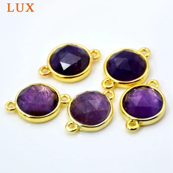 

Natural amethysts connector Faceted round Gem stone charms tiny jewelry gold bezel setting findings double bail pendant