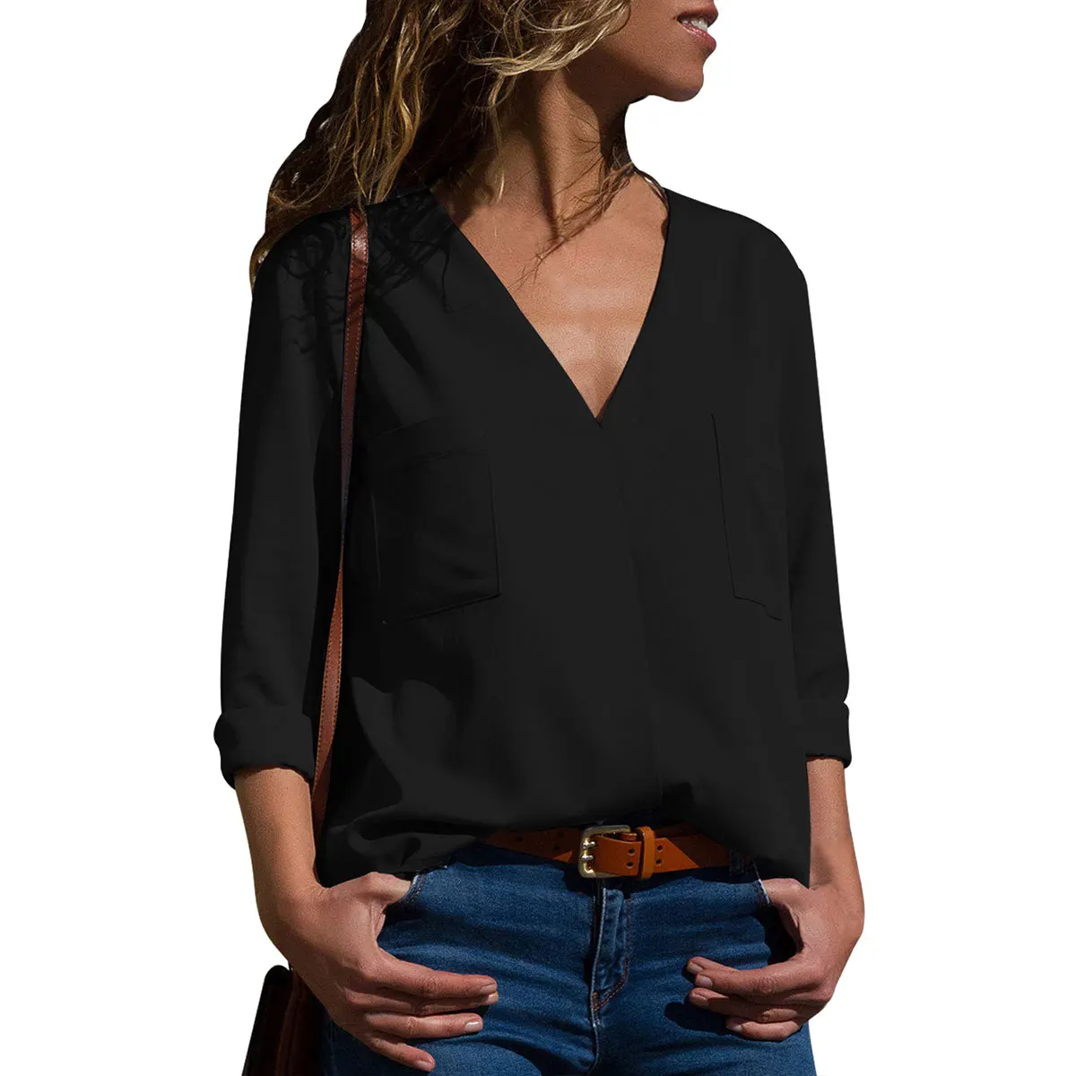 Для женщин Мода V средства ухода за кожей шеи Карманы асимметричный подол шифоновая блузка дамы повседневное свободные сплошной цвет ПР