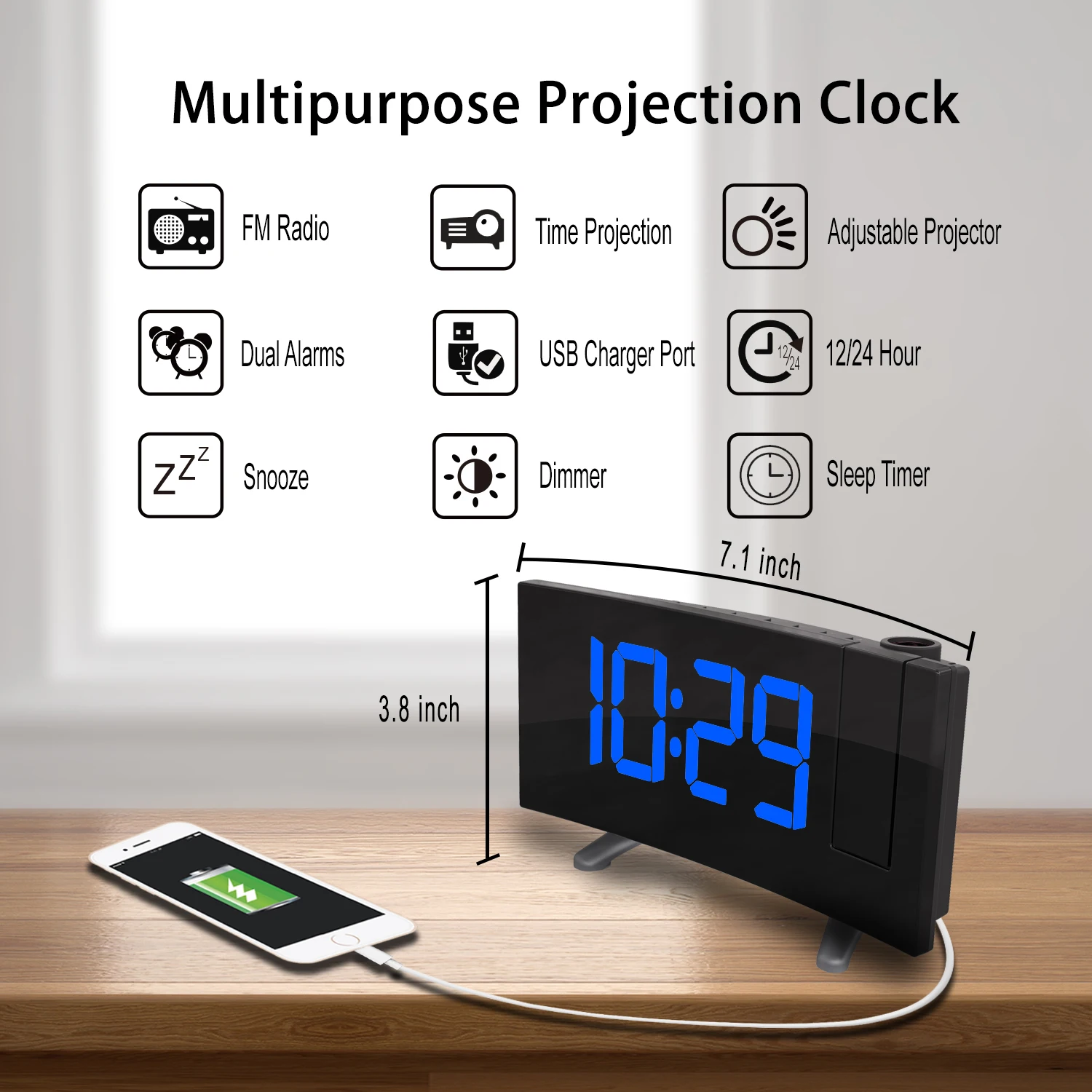 

Digital Radio Alarm Clock Projection Snooze Timer Temperature LED Display USB Charge Cable 180 Degree Table Wall FM Radio Clock