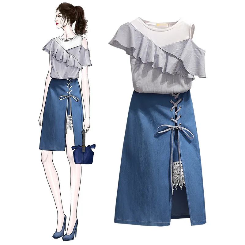 

ICHOIX lace up denim skirt two piece sets striped t shirt 2 pieces summer sets casual Plus size women 2 pieces skirt sets S-XL