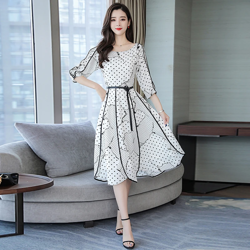 

Women'S New 2019 Spring Clothing Elegant Round Collar Dot Printed Long Dress Party Clothes Vestido O Neck Print Outfit S-XL