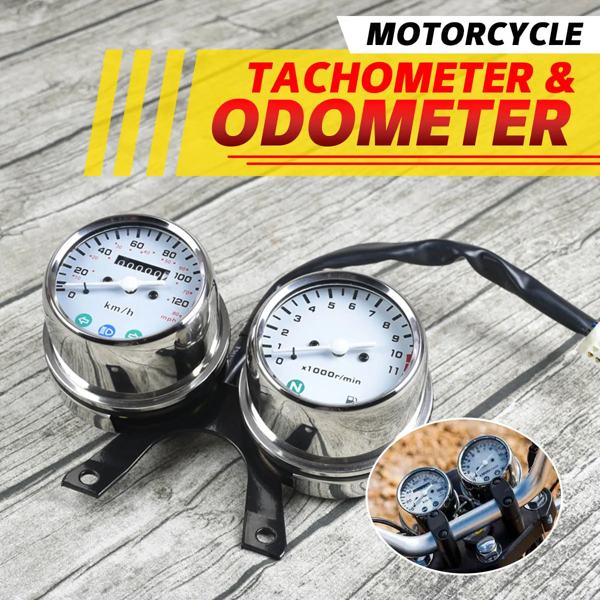 

Vintage Motorcycle Odometer Tachometer with LED Indicator Light Stainless Steel Motorcycle Tachometer Odometer Instrument