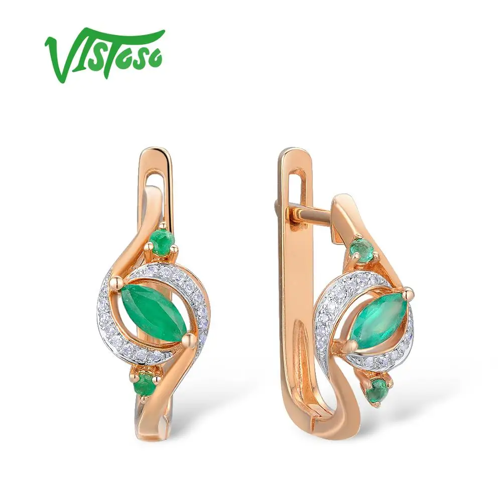 

VISTOSO Gold Earrings For Women 14K 585 Rose Gold Glamorous Elegant Pear Emerald Sparkling Diamond Luxury Trendy Fine Jewelry