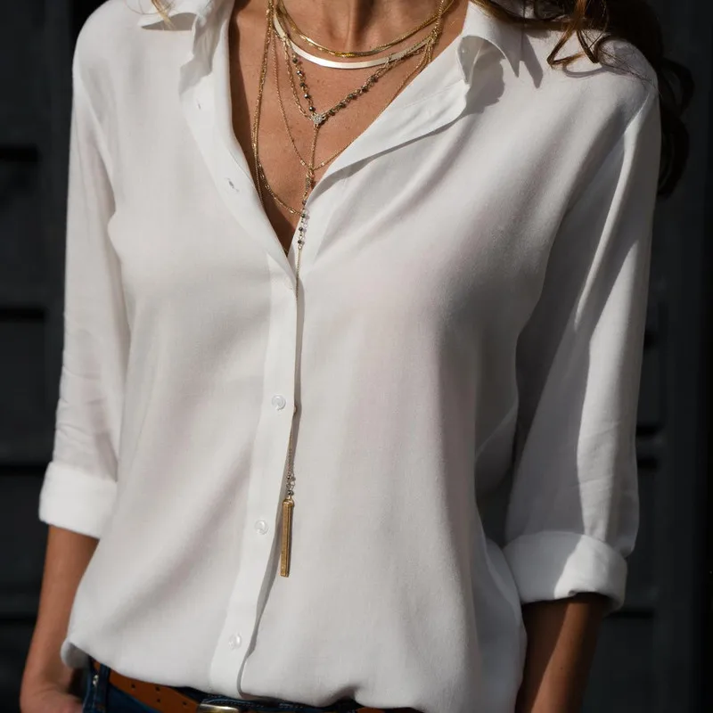 

Large size Women's Blouse 2019 new long-sleeved lapel button top solid color casual fashion Women's Shirt MS025