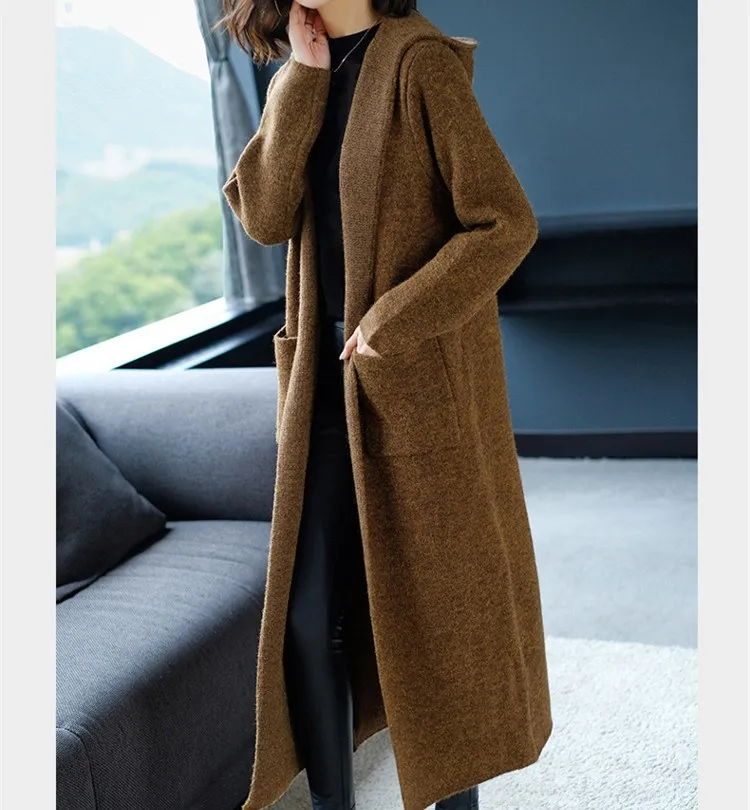 ^Cheap 2018 New Autumn Women Hooded Long Knitted Cardigan Elegant Open Stitch Sweater Coat Ladies Pockets Loose Sweaters