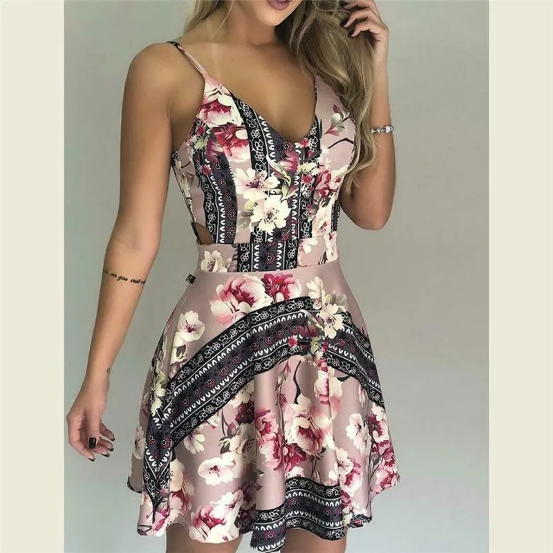 

Summer Women Dress 2019 Vintage Sexy Bohemian Floral Tunic Beach Dress Sleeveless Mini Floral Hot Sundress Dress Striped Female