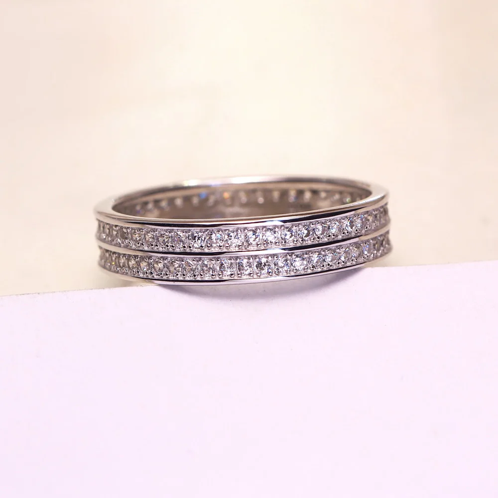 DreamCarnival 1989 2-row Zircon Round Turkish Jewelry AAA Quality Classic Bridal Ring Band 925 Sterling Silver Jewelry SJ15037