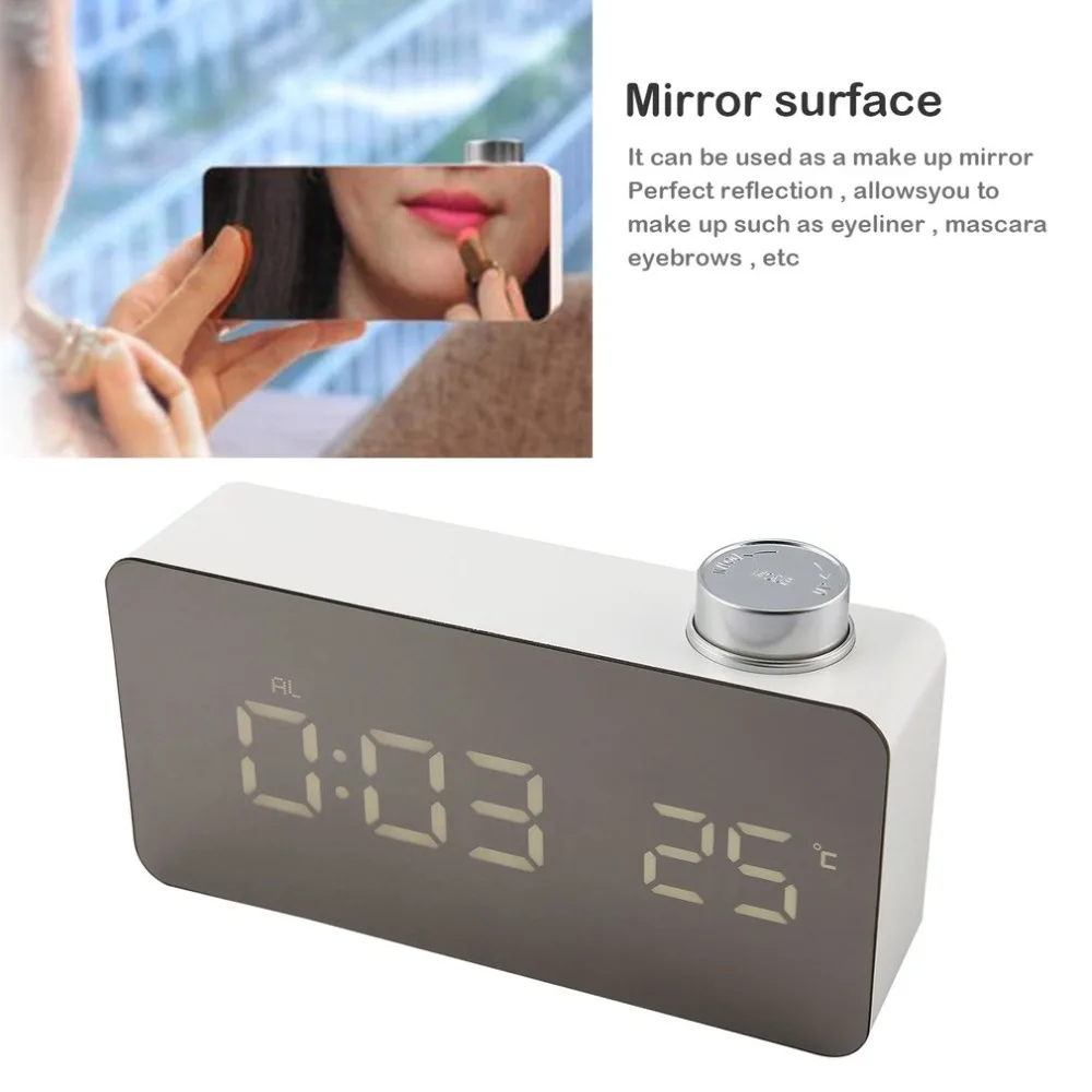 

TS-S51 Smart Home LED Mirror Clock Temperature Time Display USB & Battery Operated Adjustable Snooze Timing with Rotate Knob