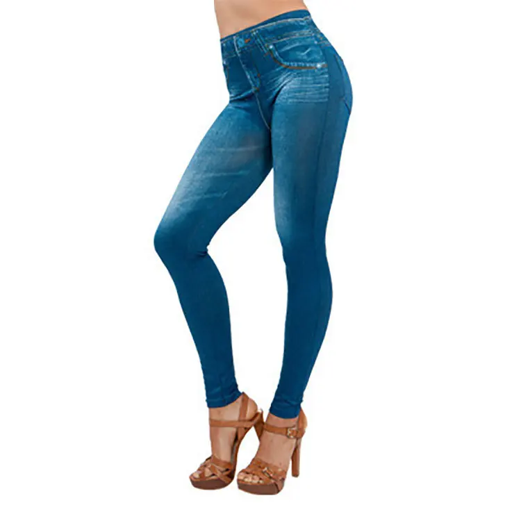 Denim Looking Leggings for Women Pants Tummy Control, High Waist Skinny  Fake Jeans Jeggings