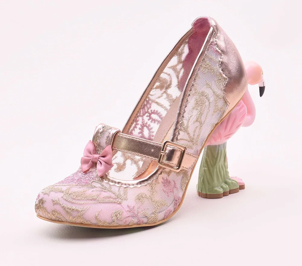 

new fashion Painted flamingo embroidery hollow Mesh sequins lace flower Flamingo heel woman shoes Flamingo high heel shoes