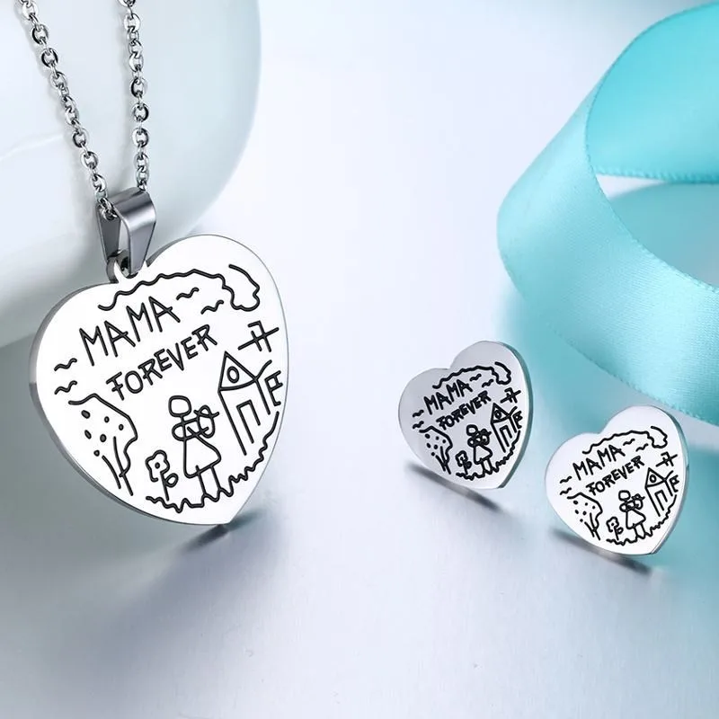 

Women's Set Jewelry Stainless Steel Silver Color Heart Necklace Pendant And 1pairs Earrings Love Mom Forever Anniversary Gifts