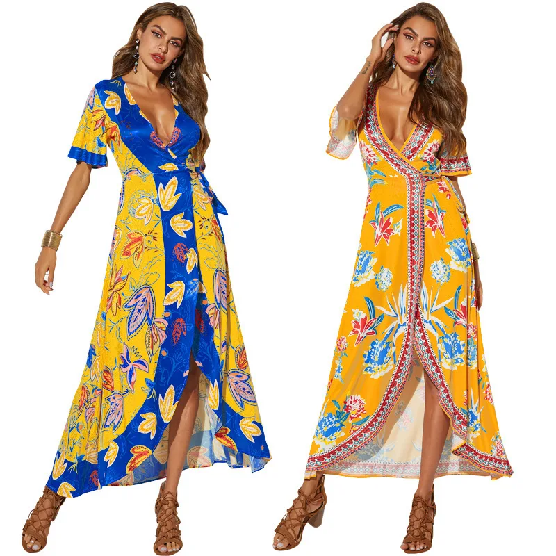 

Summer Long Dress Short Sleeve Women Split Beach Dress Sexy V-neck Flower Printed Bandage Dress Vestido